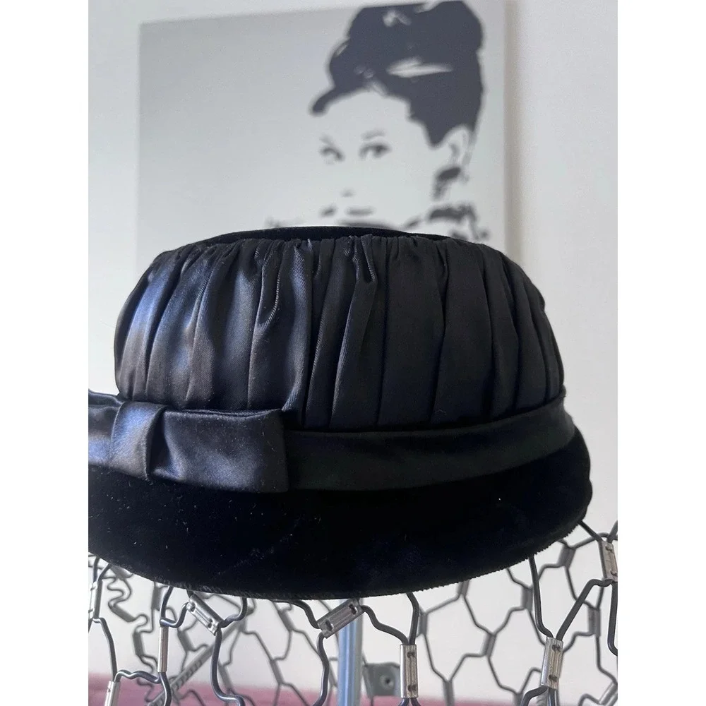 Vintage Black Satin and Velvet Pillbox Hat with Side Bow Ruched Crown‎ MCM